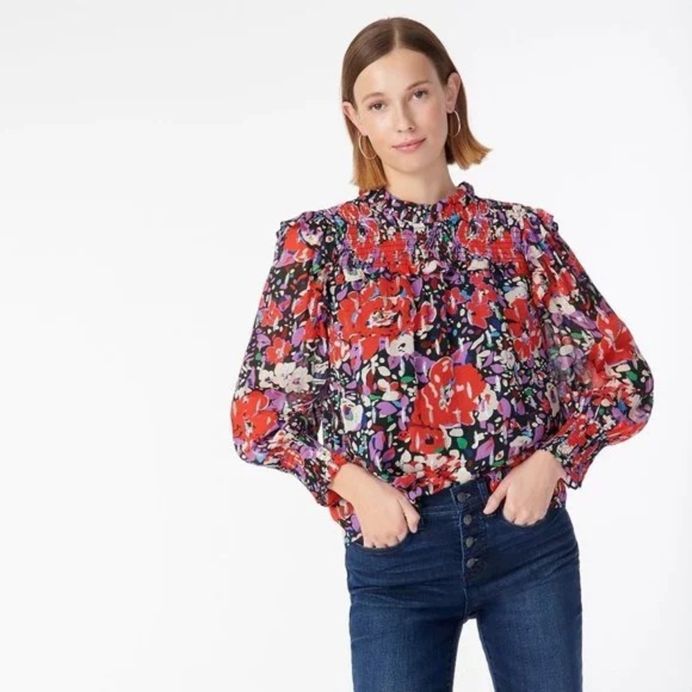 J. Crew (XS) High Neck Smocked Long Sleeve Metallic Floral Blouse Red Printed